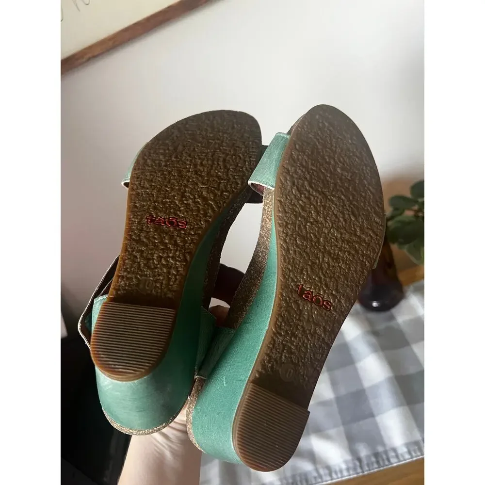 Taos Carousel Sage Green Leather Wedge Sandals Brass Button Comfort Shoes 40 US9